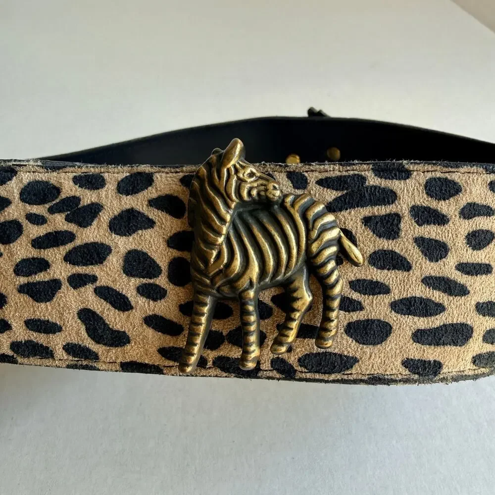 Vintage Made in USA Leopard Calf Hair Belt Brass Elephant Zebra Y2K Safari Small
